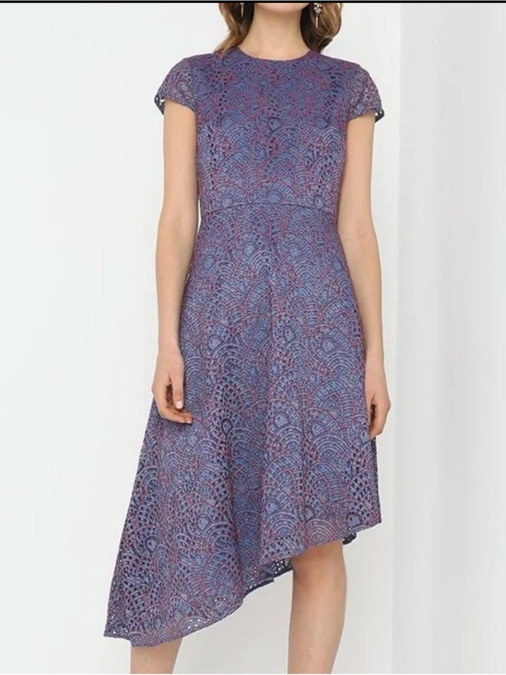 Banana Republic Blue/Coral Red Eyelet Lace Asymmetrical Cap Sleeve Dress Size 8